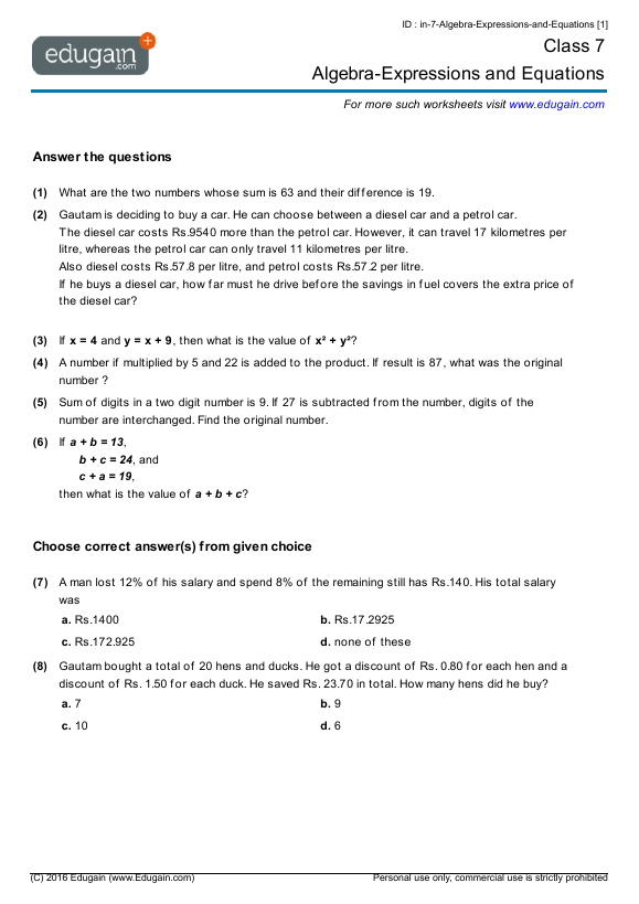 Algebra-Expressions and Equations